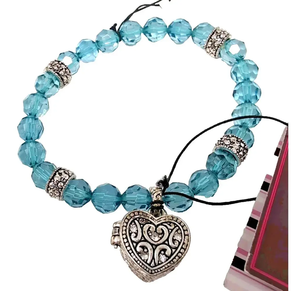 Garold C.‎ Miller Friends Heart Locket Aqua Faceted Bead Stretch Bracelets NEW
